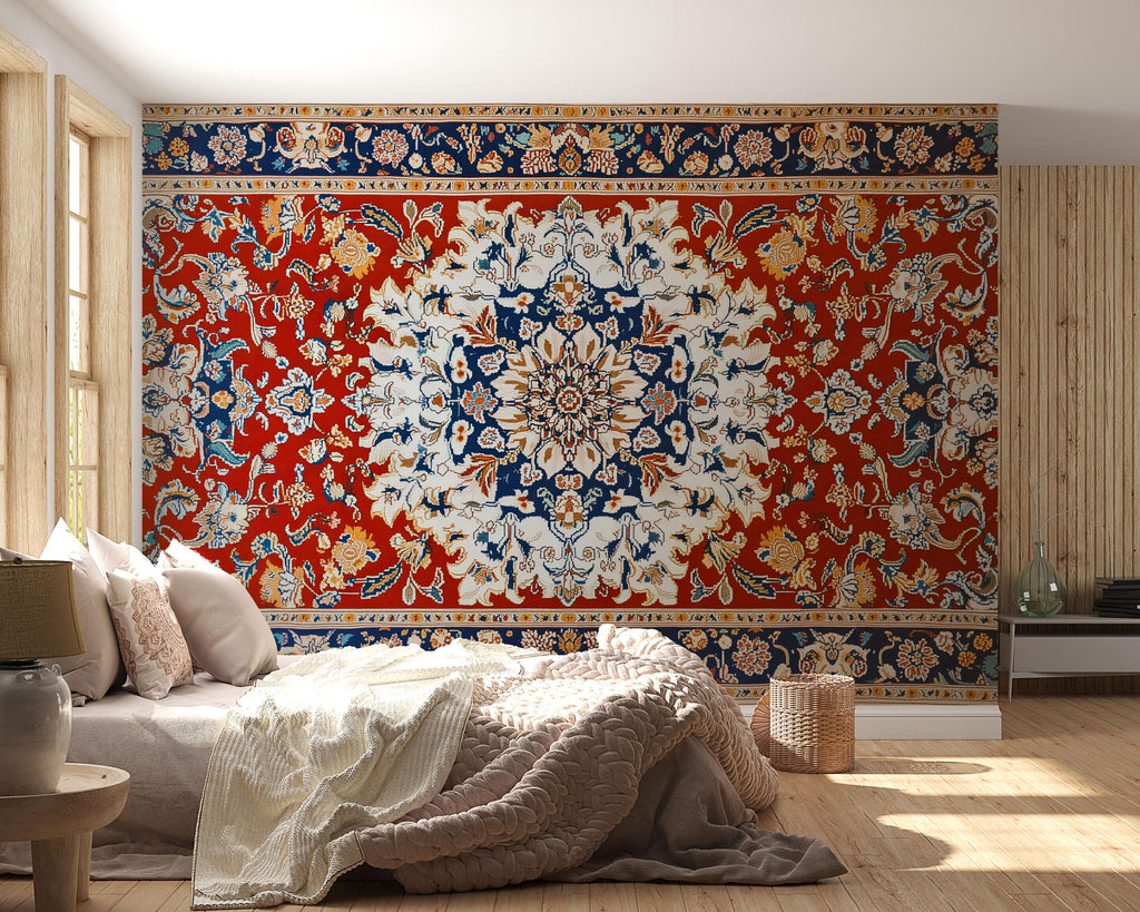 Red Persian Rug Wallpaper Wall Decal Oriental Medallion Mural Boho Vintage Accent Wall Art Traditional Carpet Bedroom Statement Wallpaper