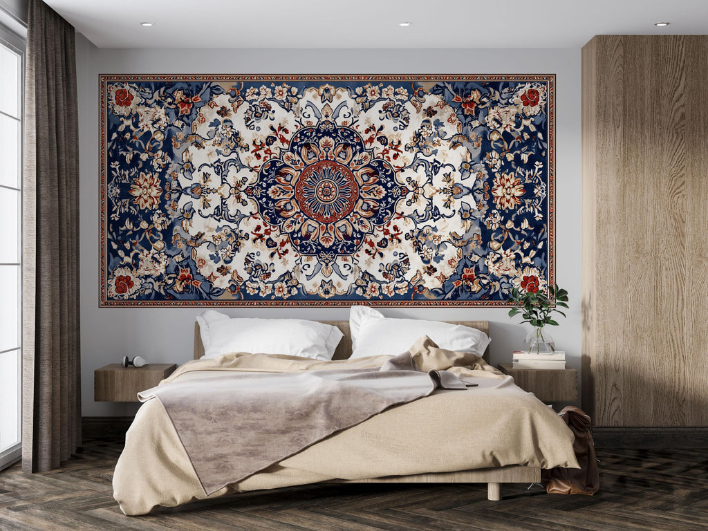 Blue Persian Rug Wallpaper Wall Decal Oriental Medallion Mural Boho Vintage Accent Wall Art Traditional Carpet Statement Wallpaper