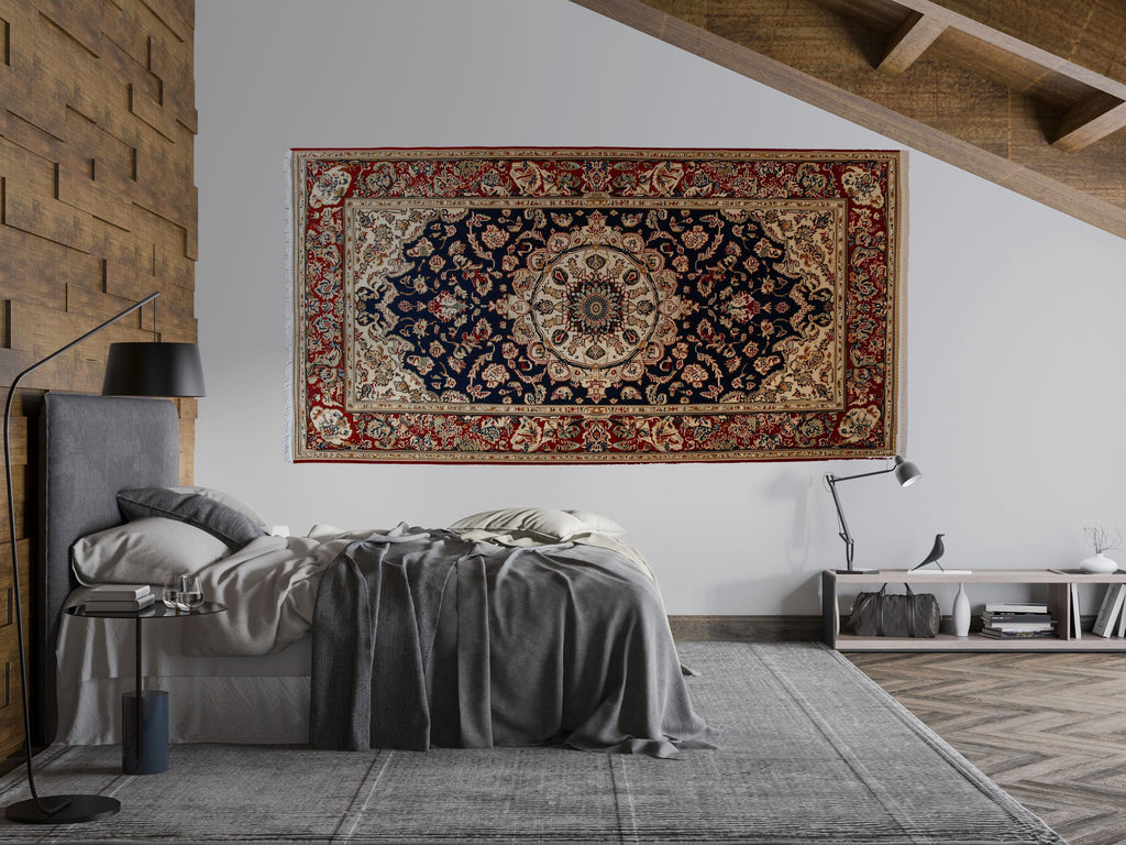 Vintage Persian Rug Wallpaper Wall Decal Oriental Medallion Mural Red Navy Traditional Carpet Accent Wall Boho Bedroom Statement Decor
