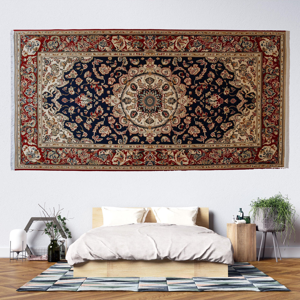 Vintage Persian Rug Wallpaper Wall Decal Oriental Medallion Mural Red Navy Traditional Carpet Accent Wall Boho Bedroom Statement Decor