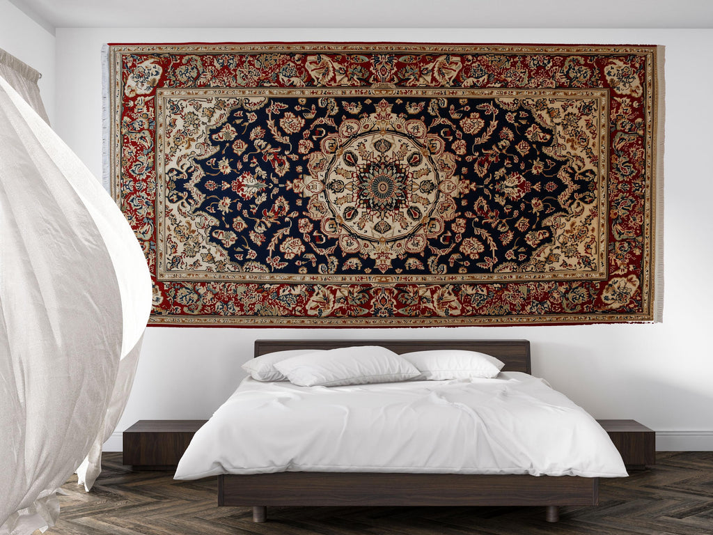 Vintage Persian Rug Wallpaper Wall Decal Oriental Medallion Mural Red Navy Traditional Carpet Accent Wall Boho Bedroom Statement Decor
