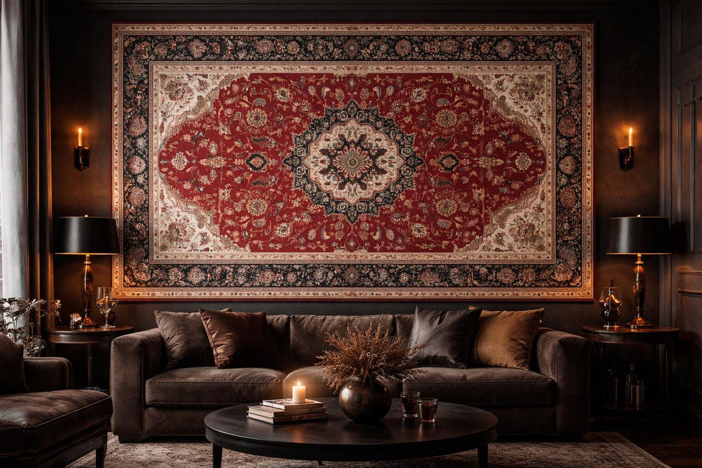 Dark Persian Rug Wallpaper Wall Decal Vintage Oriental Carpet Mural Red Medallion Moody Accent Wall Traditional Statement Wallpaper