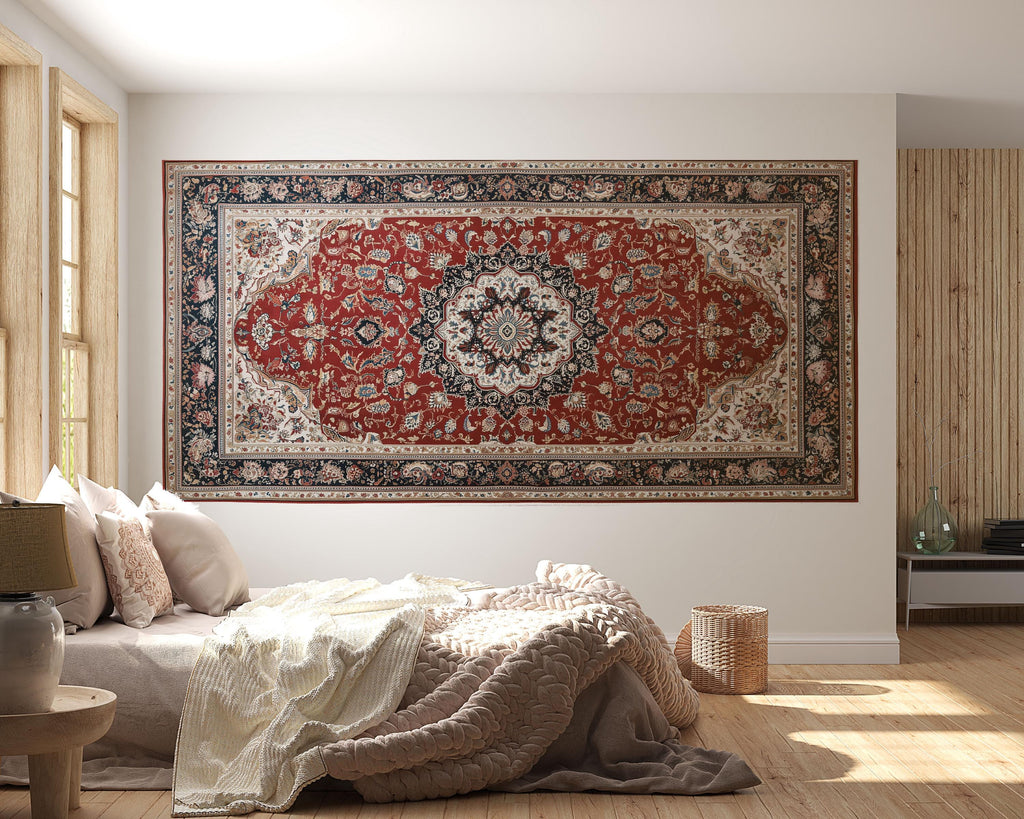 Dark Persian Rug Wallpaper Wall Decal Vintage Oriental Carpet Mural Red Medallion Moody Accent Wall Traditional Statement Wallpaper