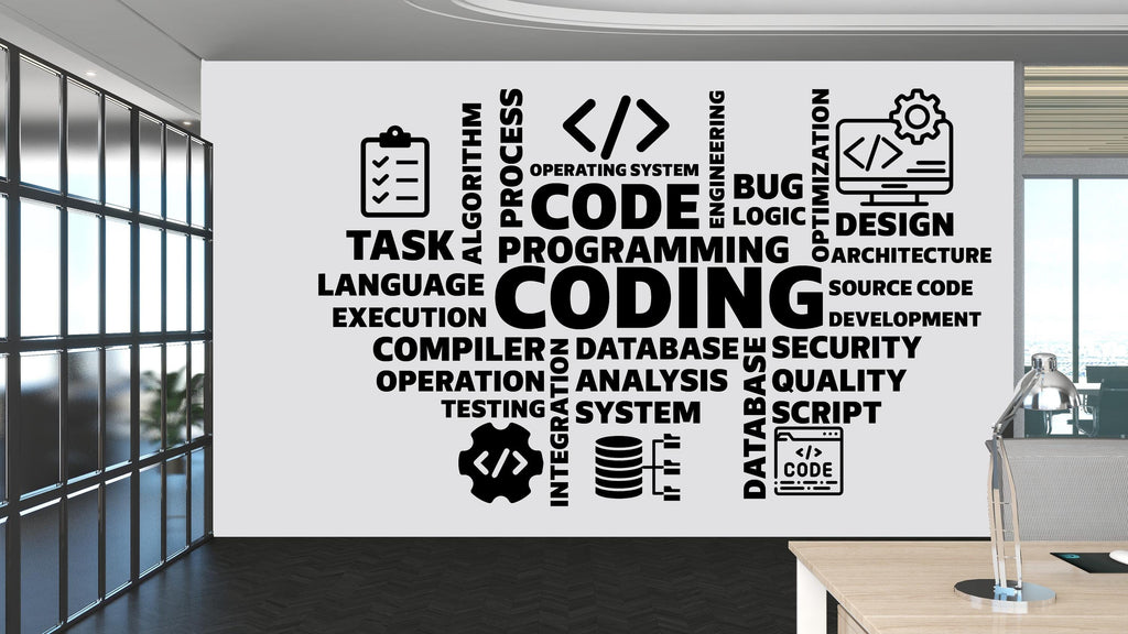 Coding Word Cloud Vinyl Wall Decal, Technology Office Decor