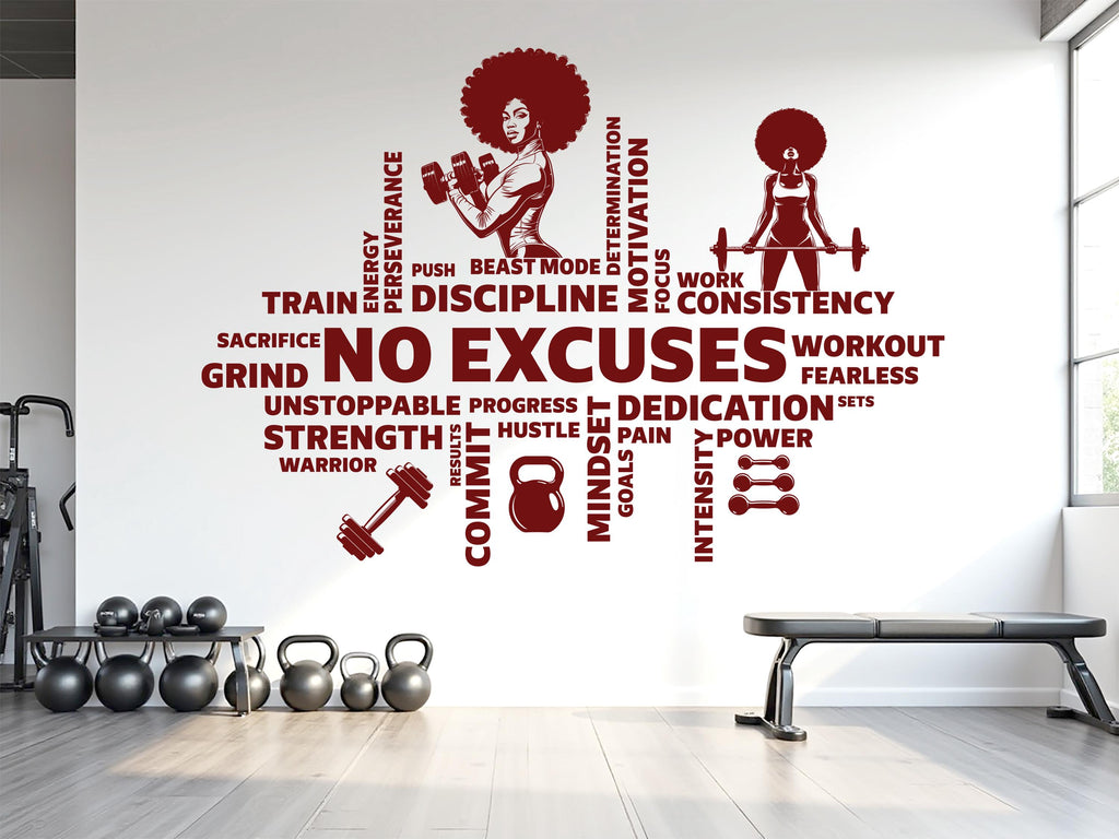 No Excuses Workout Vinyl Gym Wall Decal, Inspirational Words, Gym Decal, Fitness Collage, Gym Wall Art Gym Wall Decor Motivational Art 782LU
