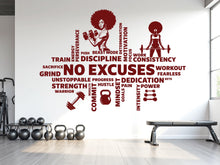 Load image into Gallery viewer, No Excuses Workout Vinyl Gym Wall Decal, Inspirational Words, Gym Decal, Fitness Collage, Gym Wall Art Gym Wall Decor Motivational Art 782LU