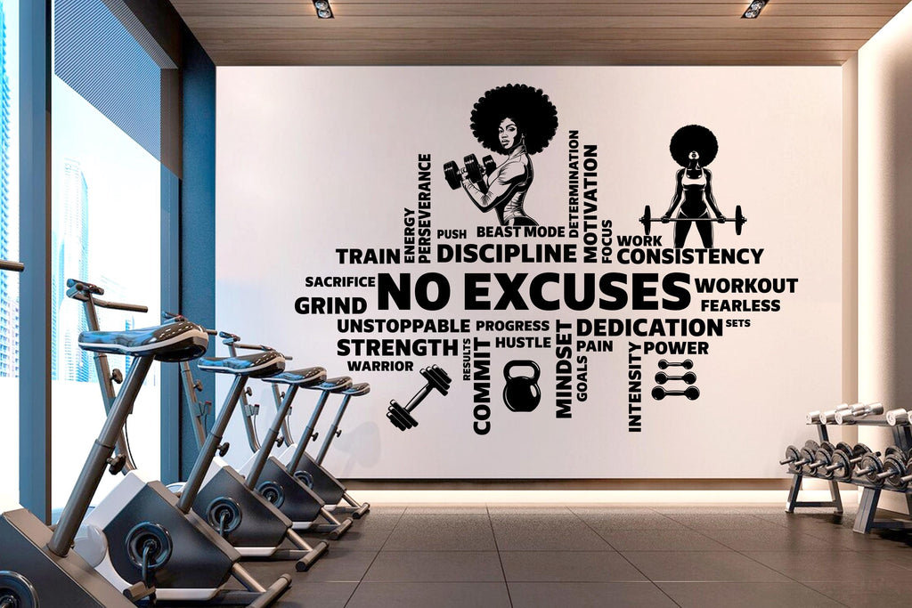 No Excuses Workout Vinyl Gym Wall Decal, Inspirational Words, Gym Decal, Fitness Collage, Gym Wall Art Gym Wall Decor Motivational Art 782LU