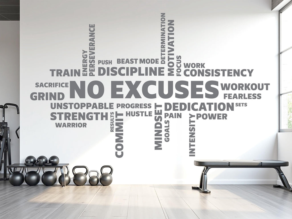 No Excuses Workout Vinyl Gym Wall Decal, Inspirational Words, Gym Decal, Fitness Collage, Gym Wall Art Gym Wall Decor Motivational Art 783LU