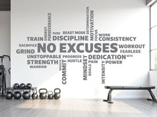 Load image into Gallery viewer, No Excuses Workout Vinyl Gym Wall Decal, Inspirational Words, Gym Decal, Fitness Collage, Gym Wall Art Gym Wall Decor Motivational Art 783LU