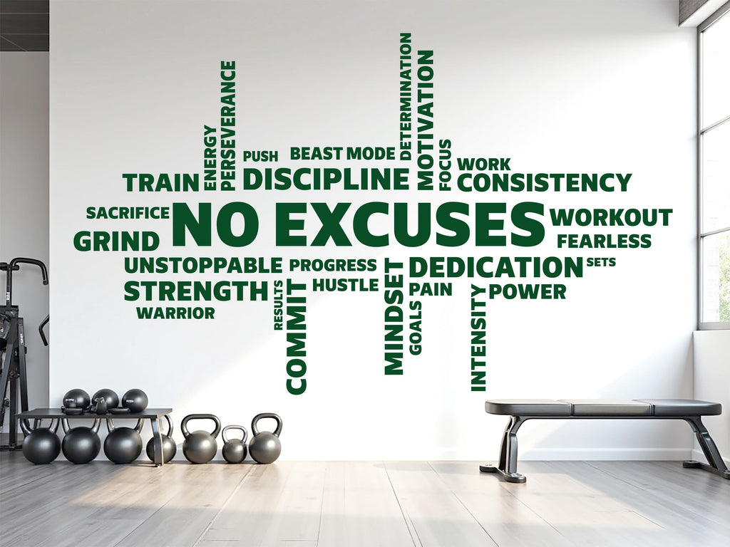 No Excuses Workout Vinyl Gym Wall Decal, Inspirational Words, Gym Decal, Fitness Collage, Gym Wall Art Gym Wall Decor Motivational Art 783LU