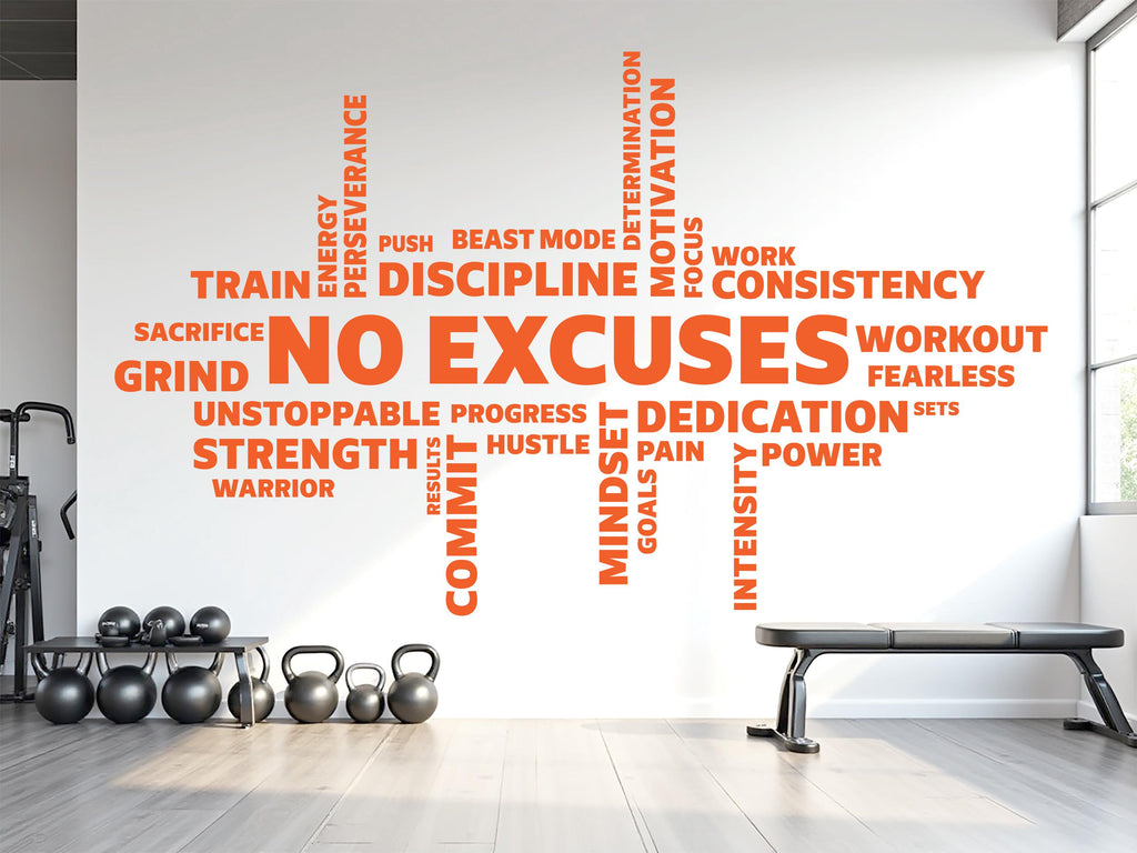 No Excuses Workout Vinyl Gym Wall Decal, Inspirational Words, Gym Decal, Fitness Collage, Gym Wall Art Gym Wall Decor Motivational Art 783LU