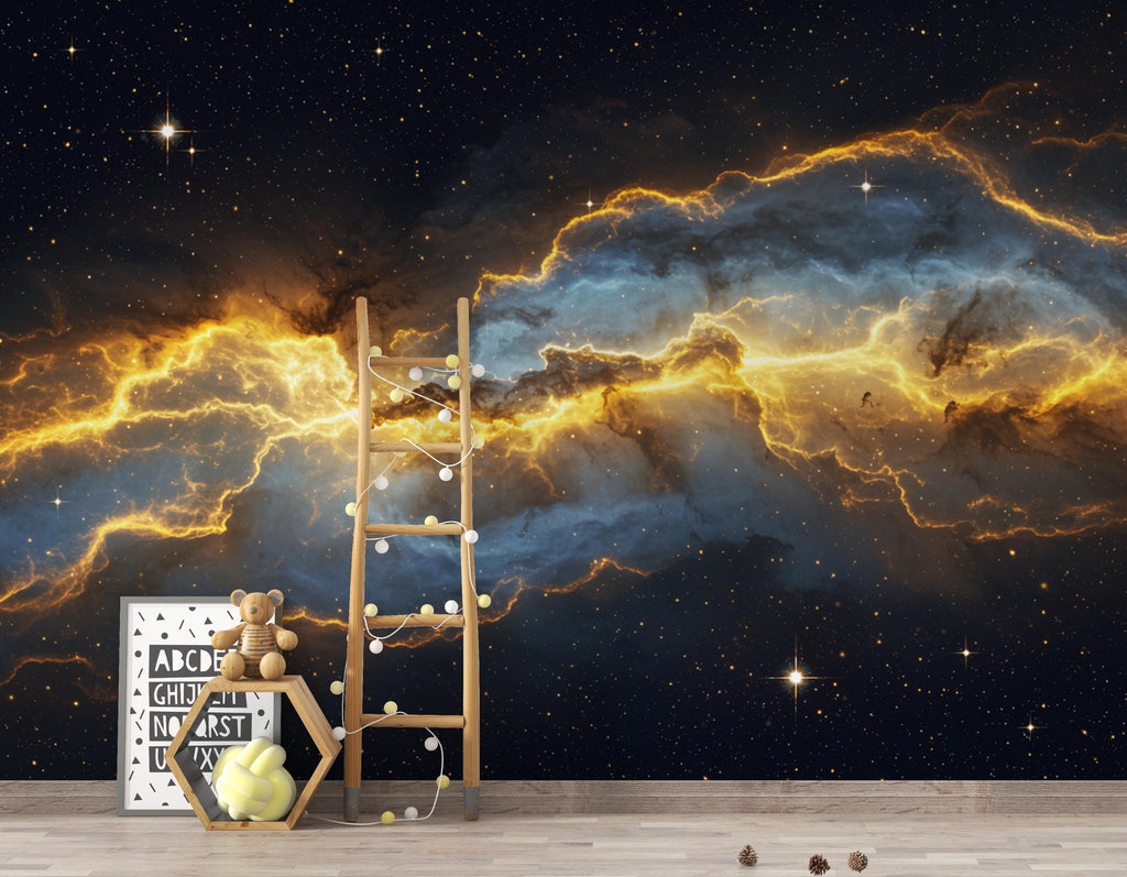 Abstract Cosmic Nebula Wallpaper, Liquid Gold Galaxy Wall mural, Luxury Space Decor, Celestial Peel and stick