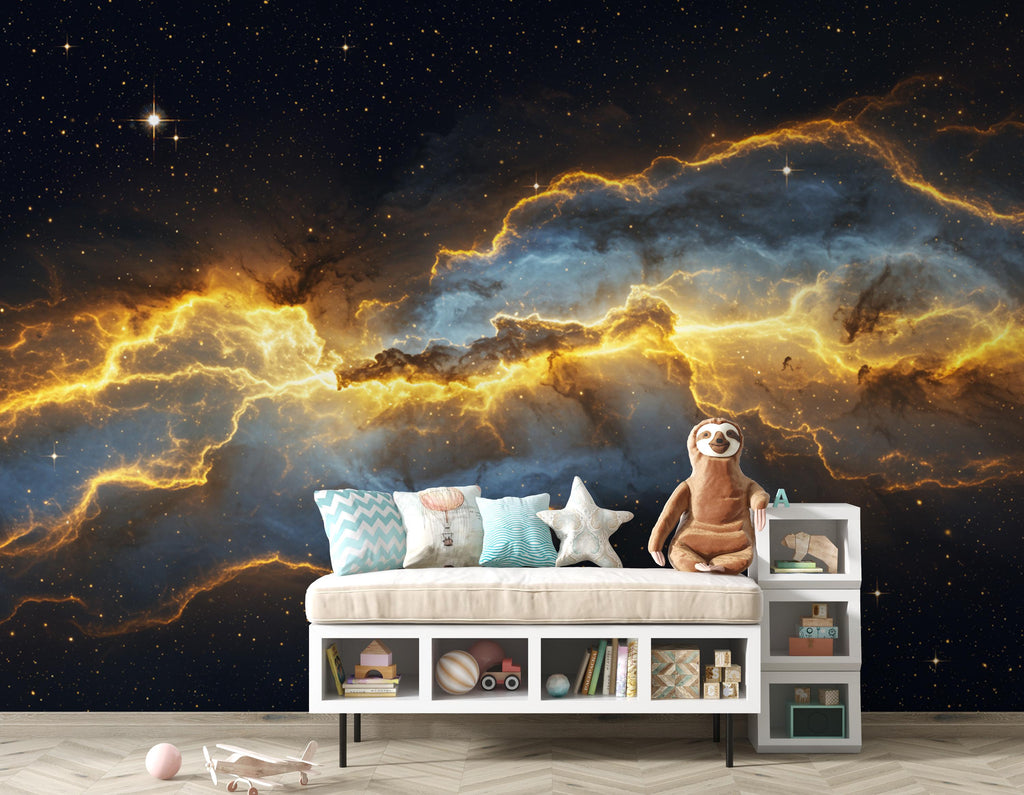 Abstract Cosmic Nebula Wallpaper, Liquid Gold Galaxy Wall mural, Luxury Space Decor, Celestial Peel and stick