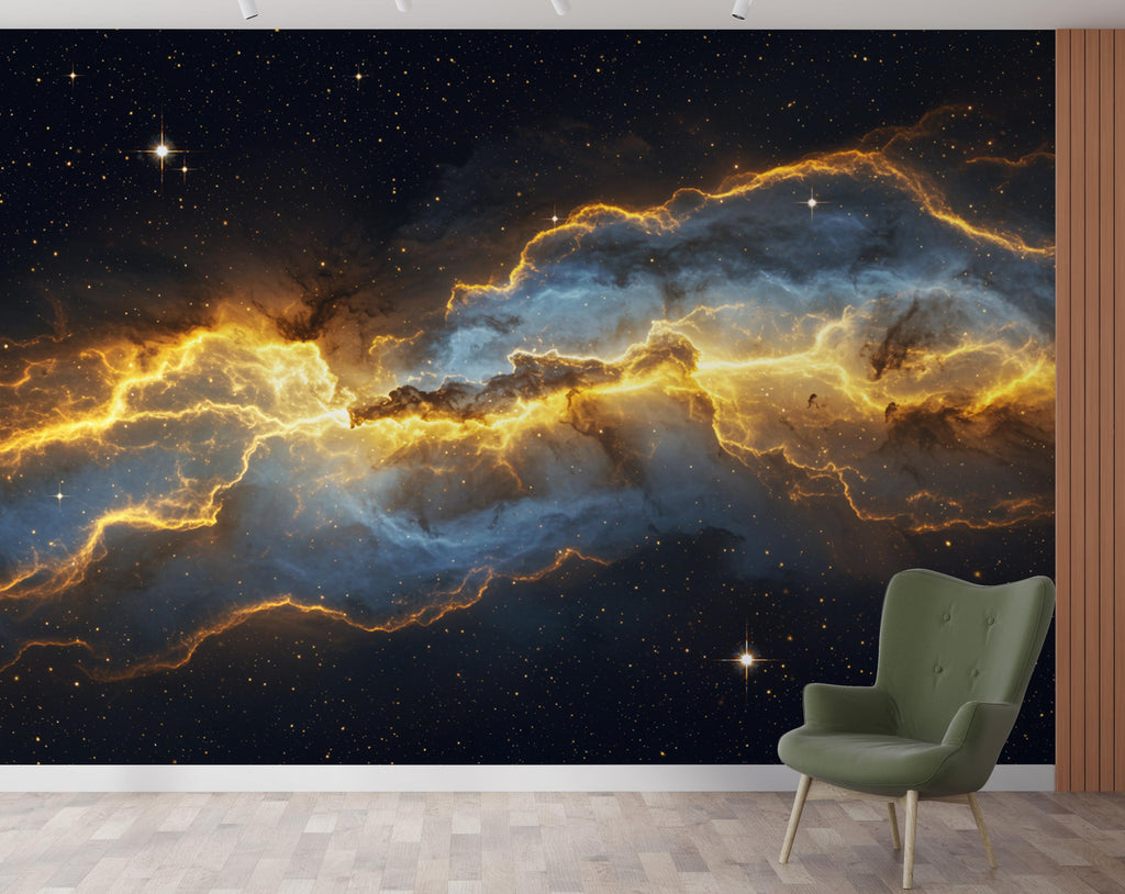 Abstract Cosmic Nebula Wallpaper, Liquid Gold Galaxy Wall mural, Luxury Space Decor, Celestial Peel and stick