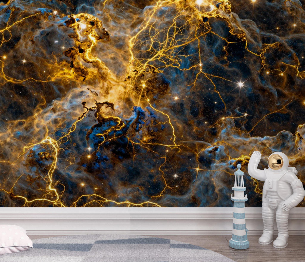 Abstract Cosmic Nebula Wallpaper, Liquid Gold Galaxy Wall mural, Luxury Space Decor, Celestial Peel and stick