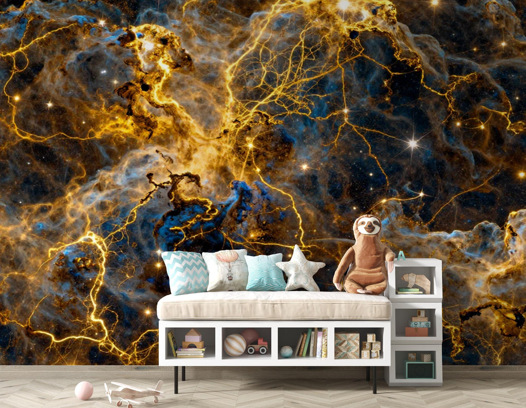 Abstract Cosmic Nebula Wallpaper, Liquid Gold Galaxy Wall mural, Luxury Space Decor, Celestial Peel and stick
