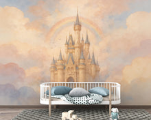 Load image into Gallery viewer, Fairytale Castle in the Clouds Wallpaper, Pastel Watercolor Castle Art, Dreamy Princess Wall Art, Rainbow Castle, Whimsical Nursery Decor