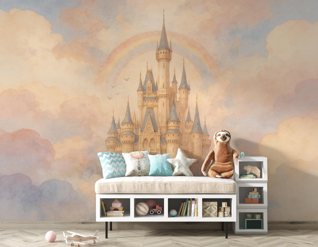Fairytale Castle in the Clouds Wallpaper, Pastel Watercolor Castle Art, Dreamy Princess Wall Art, Rainbow Castle, Whimsical Nursery Decor