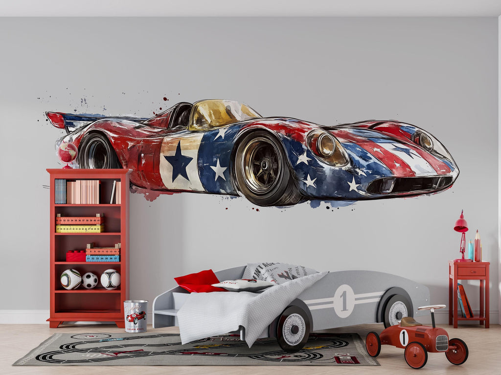 Patriotic Race Car Wallpaper American Flag Sports Car Wall Decal Boys Room Racing Wall Mural Peel And Stick Wallpaper Kids Car Decor