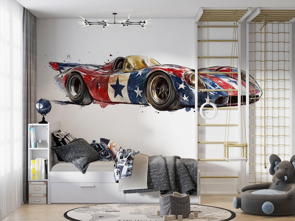 Patriotic Race Car Wallpaper American Flag Sports Car Wall Decal Boys Room Racing Wall Mural Peel And Stick Wallpaper Kids Car Decor