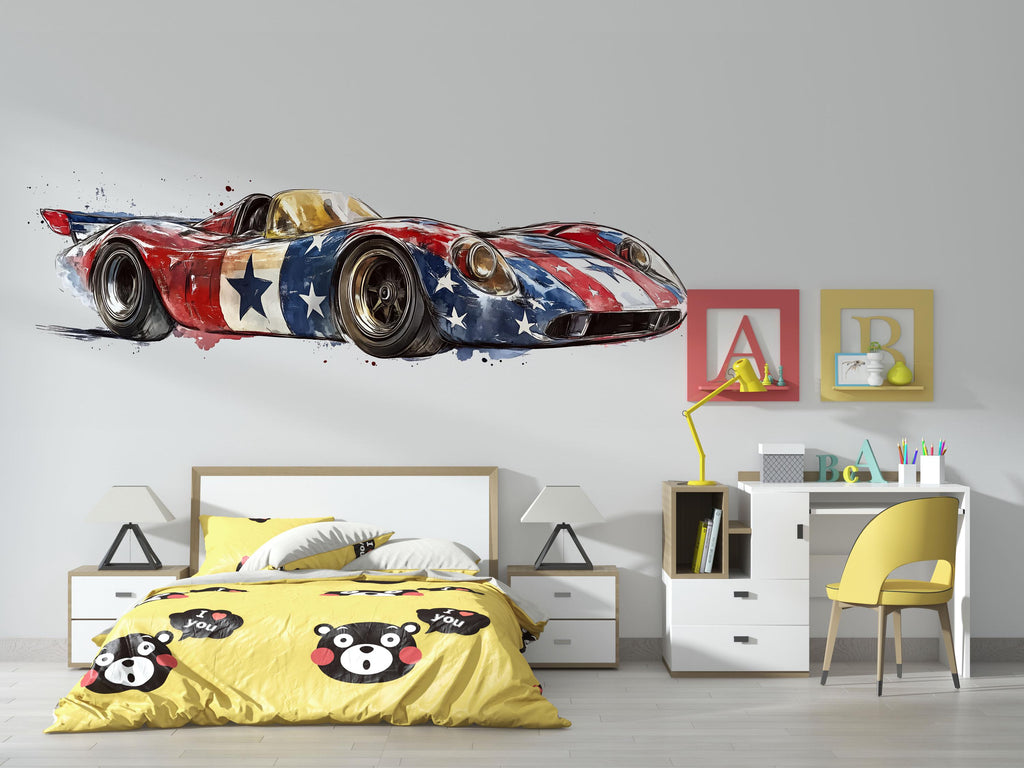 Patriotic Race Car Wallpaper American Flag Sports Car Wall Decal Boys Room Racing Wall Mural Peel And Stick Wallpaper Kids Car Decor