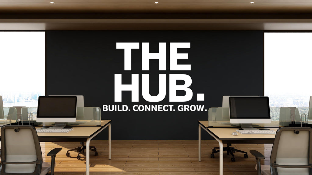 THE HUB Wall Decal – Build Connect – Office Wall Art – Business Workspace Vinyl Decal – Entrepreneur Office Decor – Startup Wall Quote 788LU