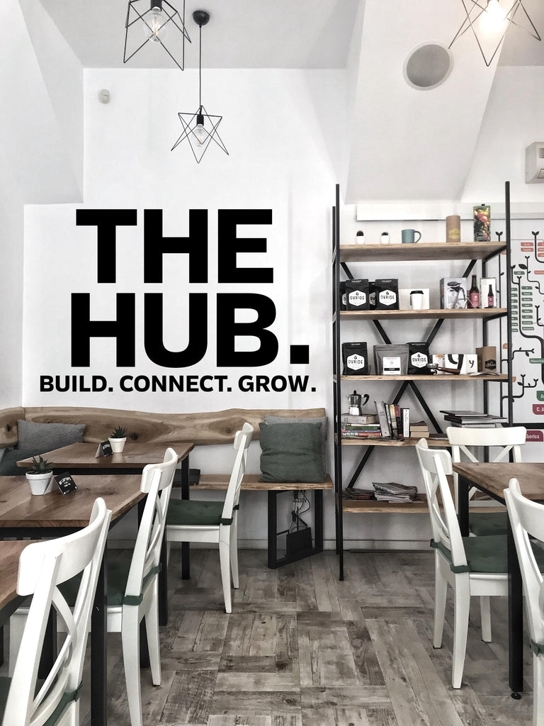THE HUB Wall Decal – Build Connect – Office Wall Art – Business Workspace Vinyl Decal – Entrepreneur Office Decor – Startup Wall Quote 788LU