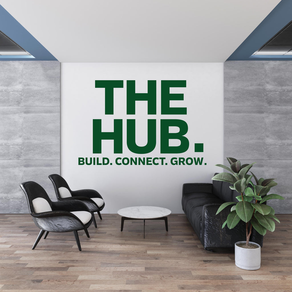 THE HUB Wall Decal – Build Connect – Office Wall Art – Business Workspace Vinyl Decal – Entrepreneur Office Decor – Startup Wall Quote 788LU