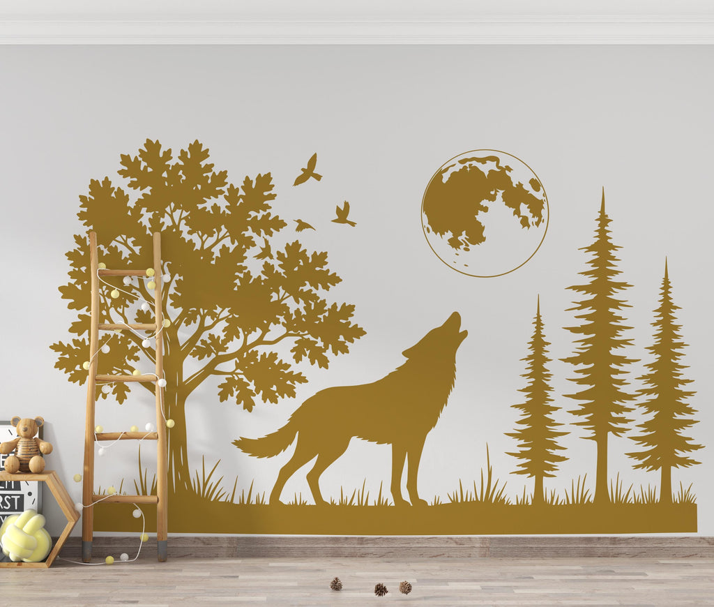 Large Wolf Moon Wall Decal | Minimalist Bedroom Art | Forest Nursery Decor | Removable Vinyl Sticker | Wildlife Lover Gift
