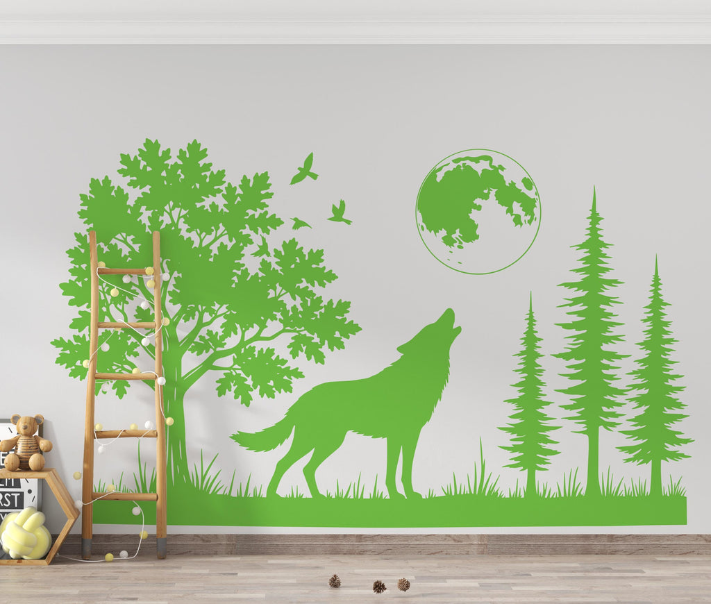 Large Wolf Moon Wall Decal | Minimalist Bedroom Art | Forest Nursery Decor | Removable Vinyl Sticker | Wildlife Lover Gift