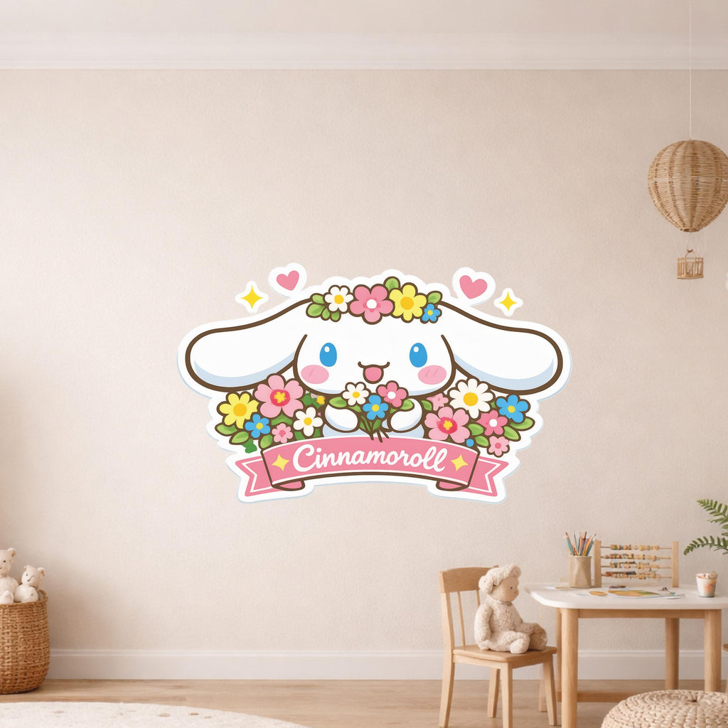 Cinnamoroll Wall Decal for Kids Room, Cute Flower Bunny Nursery Wall Sticker, Kawaii Anime Wall Decor, Pastel Bedroom Decor All008