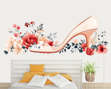Load image into Gallery viewer, Floral High Heel Wall Sticker, Fashion Bedroom Decal, Rose Shoe Wall Art, Chic Girl Room Decor, 101gm
