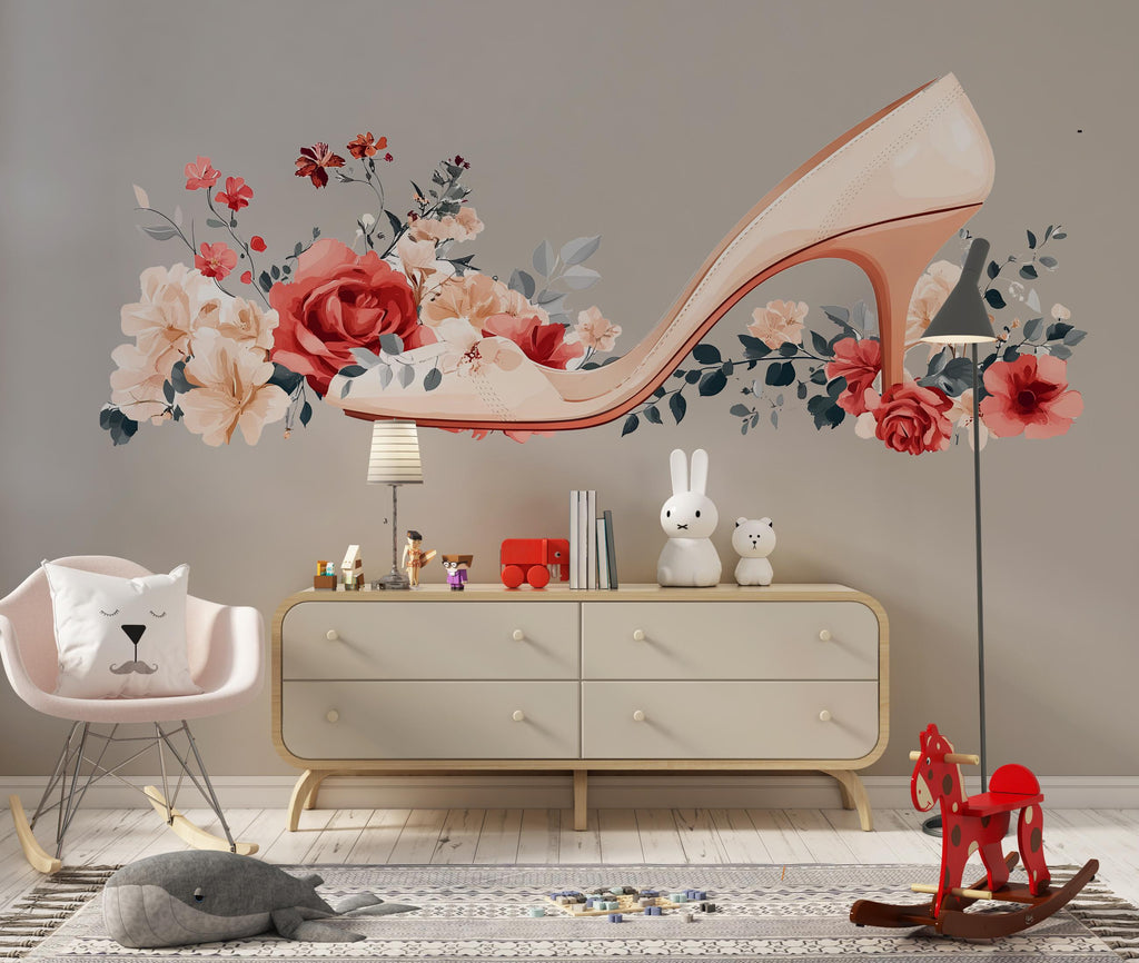 Floral High Heel Wall Sticker, Fashion Bedroom Decal, Rose Shoe Wall Art, Chic Girl Room Decor, 101gm
