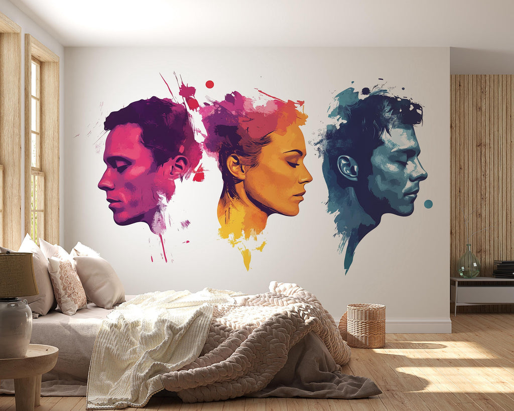 Abstract Face Wall Decal, Color Portrait Sticker, Modern Wall Art, Couple Profile Decor, Artistic Room Mural, 107gm