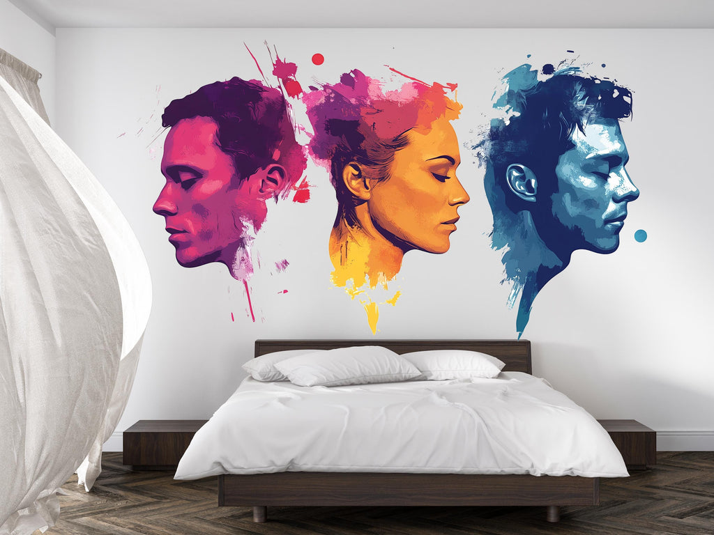 Abstract Face Wall Decal, Color Portrait Sticker, Modern Wall Art, Couple Profile Decor, Artistic Room Mural, 107gm