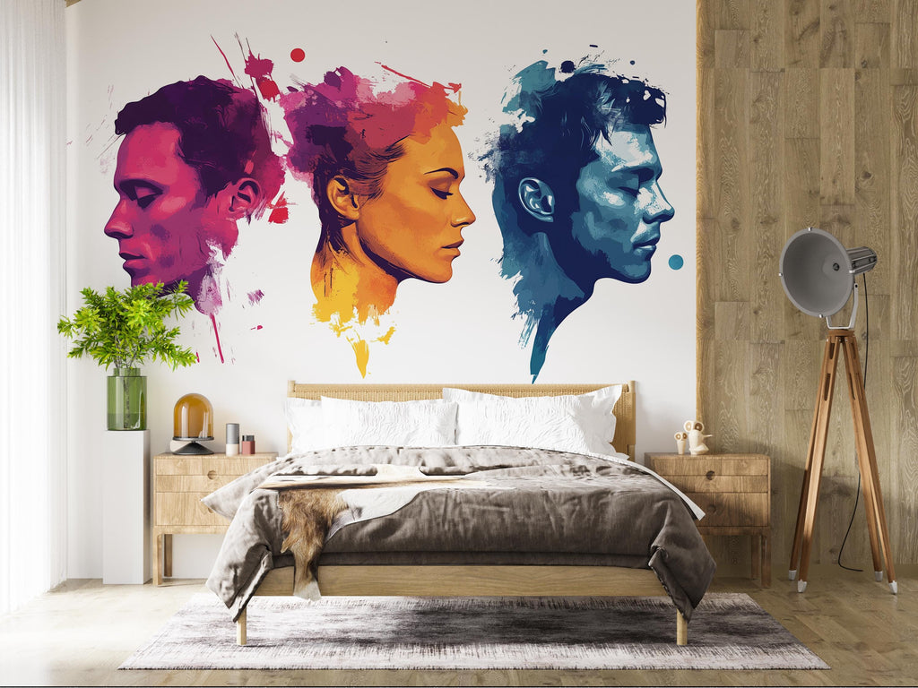 Abstract Face Wall Decal, Color Portrait Sticker, Modern Wall Art, Couple Profile Decor, Artistic Room Mural, 107gm