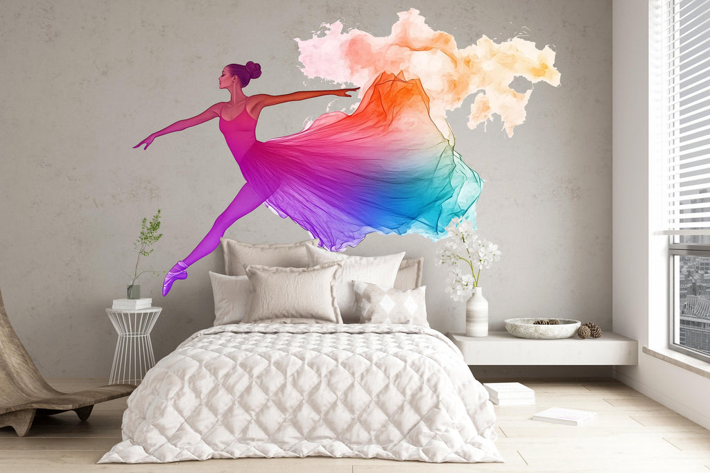 Ballerina Wall Decal, Rainbow Dance Sticker, Ballet Wall Art, Girl Room Decor, Colorful Dancer Mural, 111gm