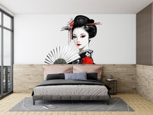 Load image into Gallery viewer, Geisha Wall Decal, Japanese Woman Sticker, Asian Wall Art, Bedroom Decor, Elegant Fan Mural, 114gm