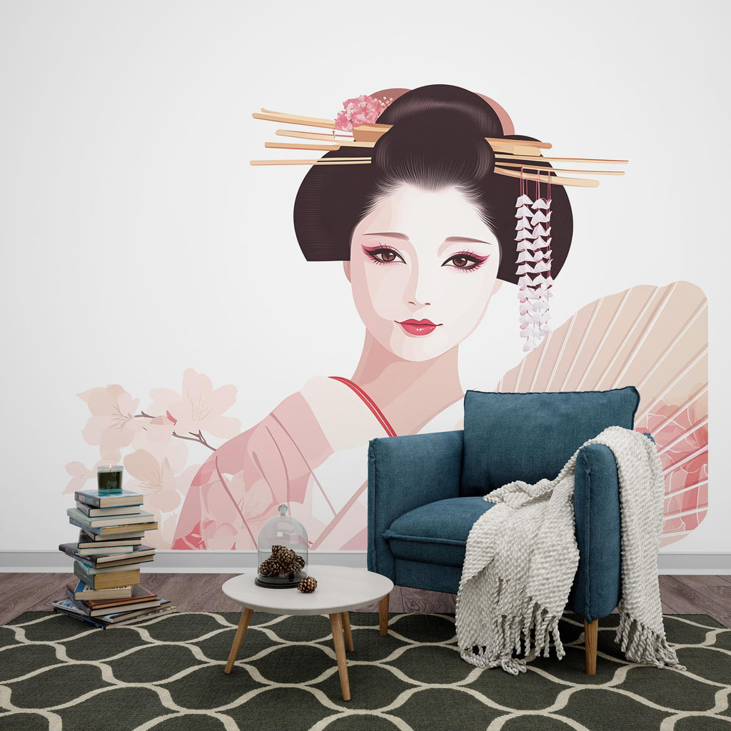 Geisha Wall Decal, Japanese Woman Sticker, Asian Wall Art, Soft Pink Bedroom Decor, Elegant Portrait Mural, 115gm