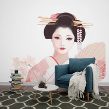 Load image into Gallery viewer, Geisha Wall Decal, Japanese Woman Sticker, Asian Wall Art, Soft Pink Bedroom Decor, Elegant Portrait Mural, 115gm