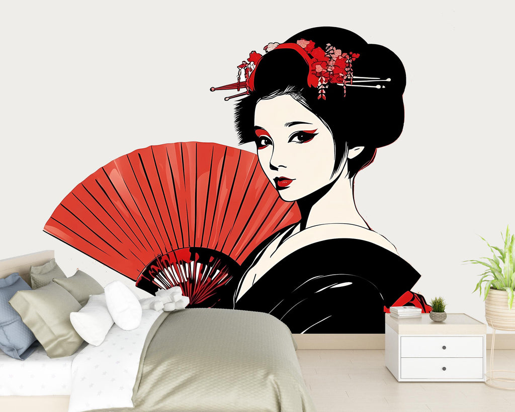 Geisha Wall Decal, Japanese Fan Sticker, Asian Woman Wall Art, Bedroom Decor, Red Black Portrait Mural, 116gm