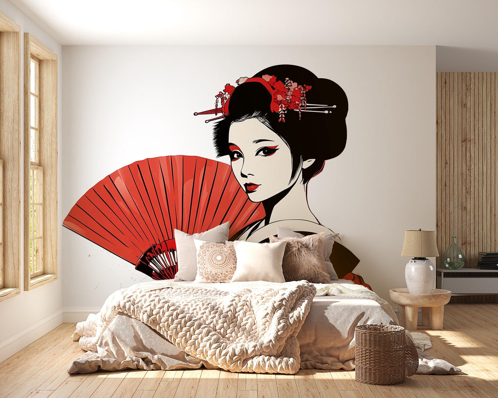 Geisha Wall Decal, Japanese Fan Sticker, Asian Woman Wall Art, Bedroom Decor, Red Black Portrait Mural, 116gm