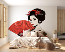 Load image into Gallery viewer, Geisha Wall Decal, Japanese Fan Sticker, Asian Woman Wall Art, Bedroom Decor, Red Black Portrait Mural, 116gm