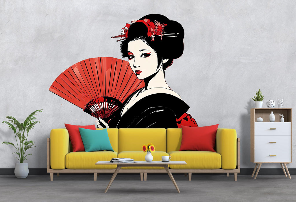 Geisha Wall Decal, Japanese Fan Sticker, Asian Woman Wall Art, Bedroom Decor, Red Black Portrait Mural, 116gm