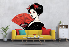 Load image into Gallery viewer, Geisha Wall Decal, Japanese Fan Sticker, Asian Woman Wall Art, Bedroom Decor, Red Black Portrait Mural, 116gm