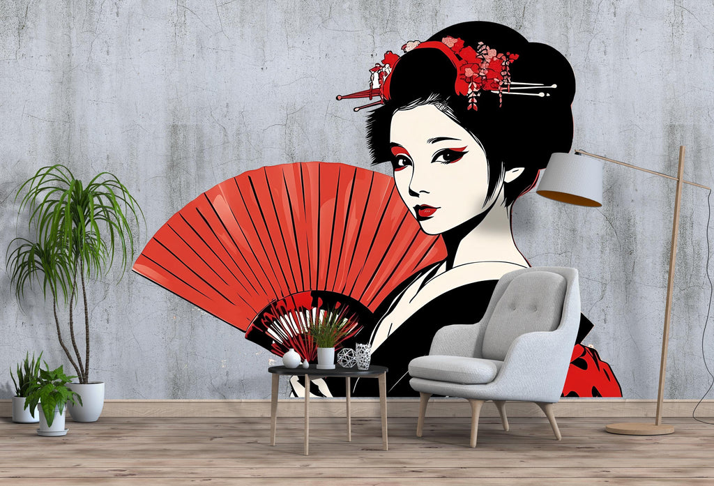 Geisha Wall Decal, Japanese Fan Sticker, Asian Woman Wall Art, Bedroom Decor, Red Black Portrait Mural, 116gm
