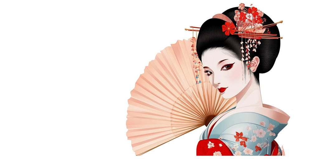 Geisha Wall Decal, Japanese Woman Sticker, Asian Wall Art, Kimono Bedroom Decor, Elegant Fan Mural, 117gm