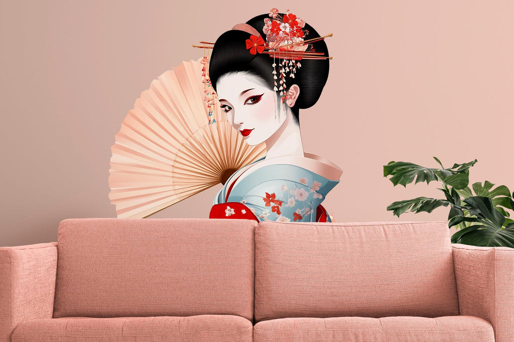 Geisha Wall Decal, Japanese Woman Sticker, Asian Wall Art, Kimono Bedroom Decor, Elegant Fan Mural, 117gm