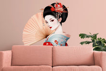 Load image into Gallery viewer, Geisha Wall Decal, Japanese Woman Sticker, Asian Wall Art, Kimono Bedroom Decor, Elegant Fan Mural, 117gm