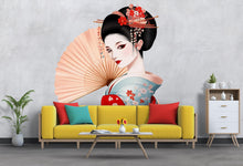 Load image into Gallery viewer, Geisha Wall Decal, Japanese Woman Sticker, Asian Wall Art, Kimono Bedroom Decor, Elegant Fan Mural, 117gm